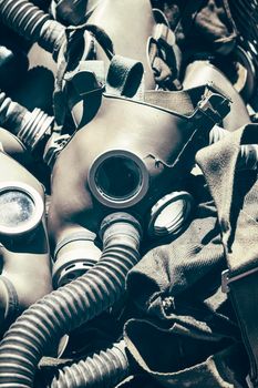 Background of old vintage gas respirator masks