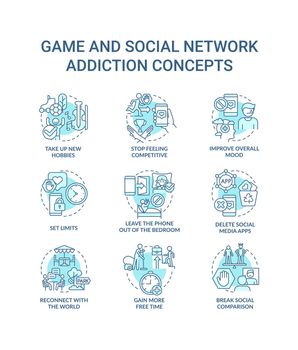 Game and social network addiction turquoise concept icons set