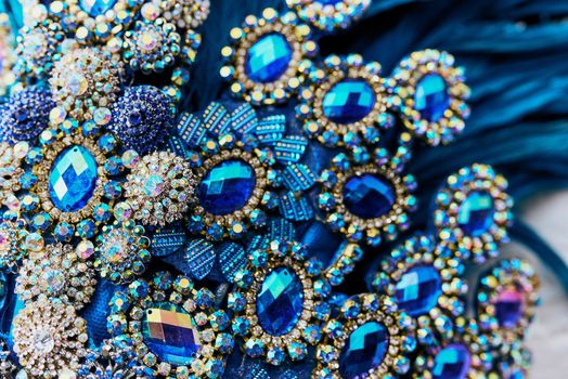 The audience will see this sparkle from far. Closeup shot of a costumes headwear of samba dancers for carnival with no people.