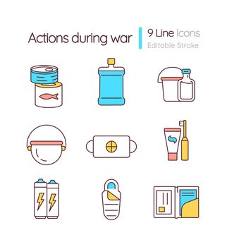 Actions during war RGB color icons set