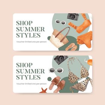 Voucher template with summer outfit fashion concept,watercolor style