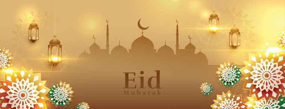 holy eid mubarak festival golden banner with lantern and arabic decoration