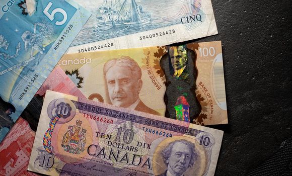 Different Canadian Dollar banknotes. Canadian Economy concept