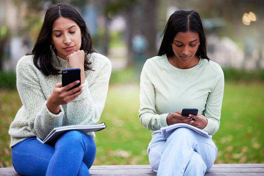 Time for a break from each other or social media. Shot of two young women using their smartphones while studying at college.