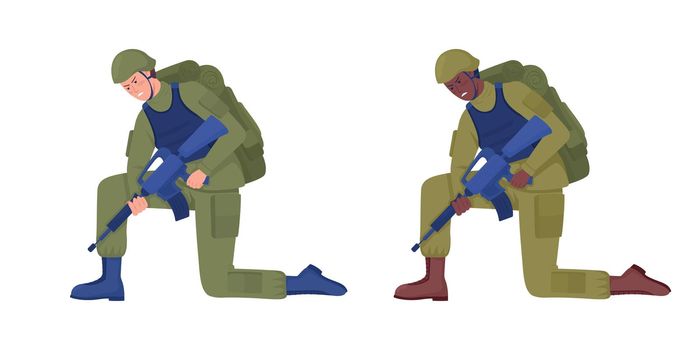 Members of armed forces semi flat color vector character set