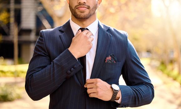 A sharp suit makes a good impression. Shot of a businessman adjusting his tie.