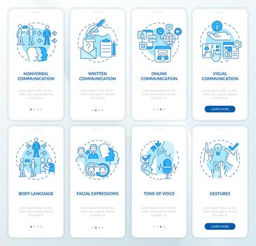 Communication skills development blue onboarding mobile app screen set. Walkthrough 4 steps graphic instructions pages with linear concepts. UI, UX, GUI template. Myriad Pro-Bold, Regular fonts used