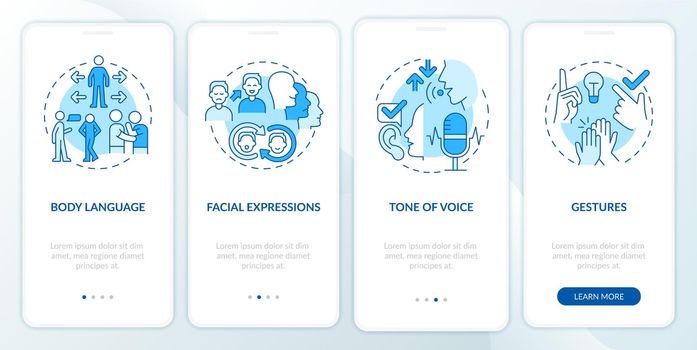 Nonverbal communication examples blue onboarding mobile app screen. Walkthrough 4 steps graphic instructions pages with linear concepts. UI, UX, GUI template. Myriad Pro-Bold, Regular fonts used
