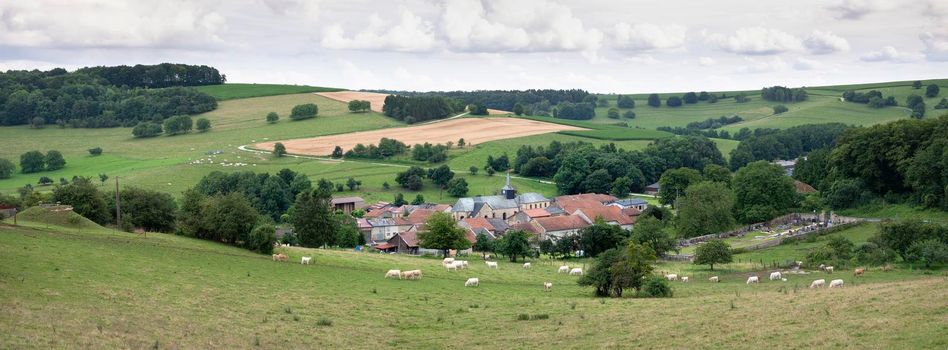 cloudy sky over summer countryside landscape with green meadows and village with cattle in french ardennes near charleville