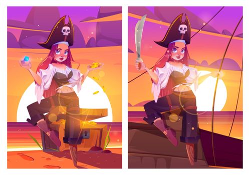 Girl pirate on beach with treasure chest or ship