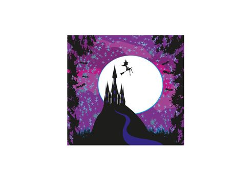 Witch flying on a broom in moonlight. 
