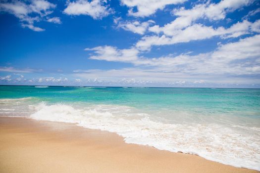 Closeup sea sand beach. Panoramic beach landscape. Inspire tropical beach seascape horizon.