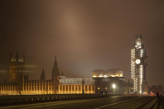 Westminster Palace and Big Ben (during construction)