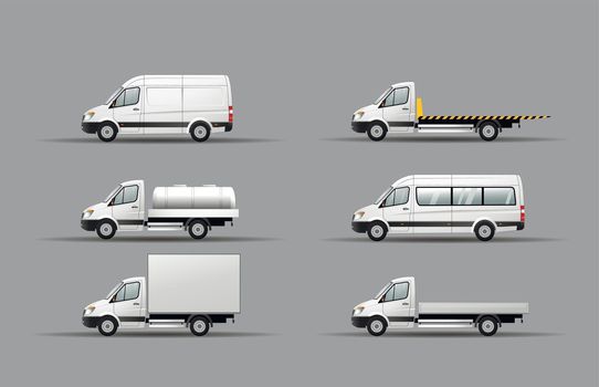 A set of images of a modern light duty truck with different body options. Flat vector illustration. Side view.