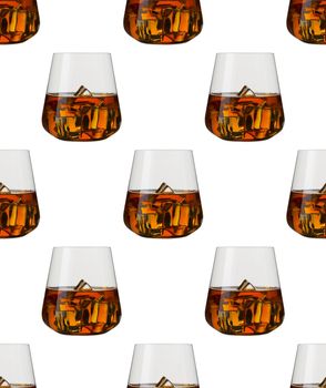 Seamless pattern - glasses of whisky over white background