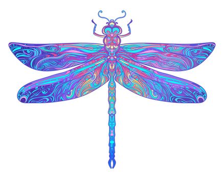 Ornate colorful dragonfly. Ethnic patterned vector illustration. African, indian, totem, tribal, design. Sketch for tattoo, posters, t-shirt print, fabric design.