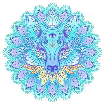 Cute fox face, racoon or wolf over psychedelic ornate pattern. Character tattoo design for pet lovers, artwork for print, textiles. Detailed vector illustration