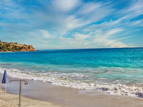 Kefalonia beach with umbrellas, Greece