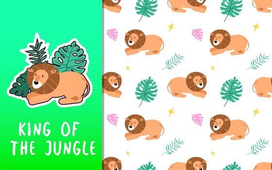 Cute cartoon lion king character. Card and seamless pattern set. Hand drawn textile design illustration. Text king of Jungle animal. Fabric surface design. EPS