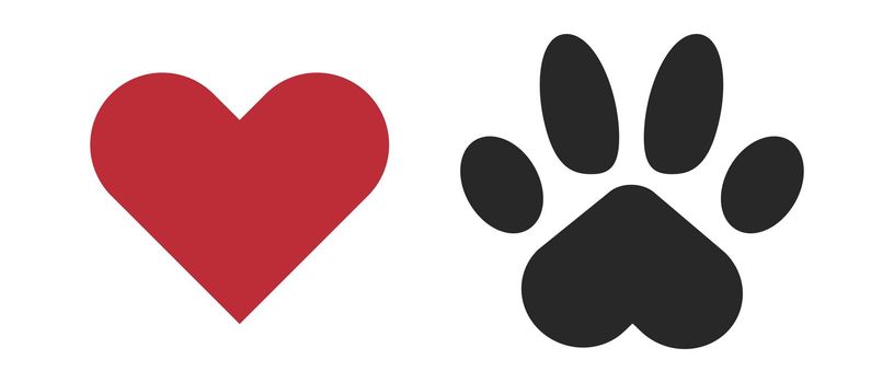 Heart mark and paw icon set. Affection and footprints. Pet lovers. Vector.