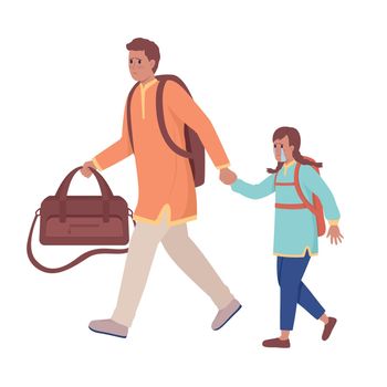 Father with girl running away from bombing semi flat color vector characters