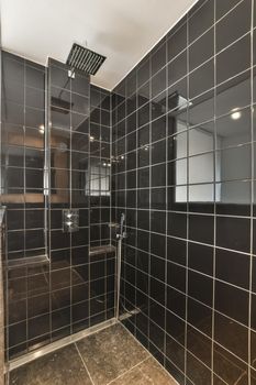 Bathroom interior with black tiles