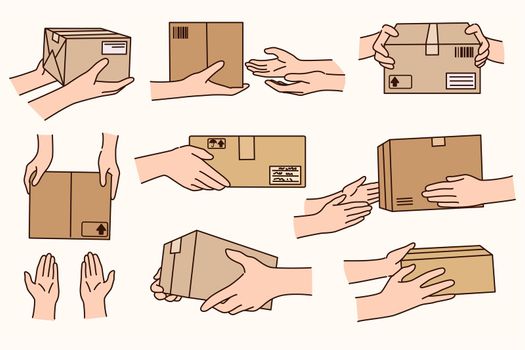 Set of person hold cardboard packages