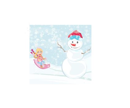 Little girl and snowman