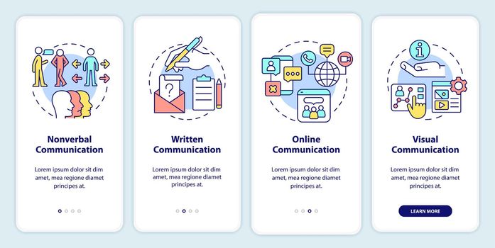 Communication types onboarding mobile app screen. Nonverbal and written walkthrough 4 steps graphic instructions pages with linear concepts. UI, UX, GUI template. Myriad Pro-Bold, Regular fonts used