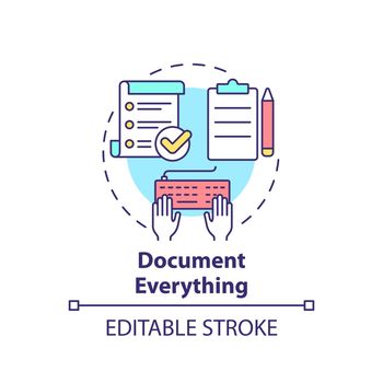 Document everything concept icon. Effective communication management abstract idea thin line illustration. Create content. Isolated outline drawing. Editable stroke. Arial, Myriad Pro-Bold fonts used