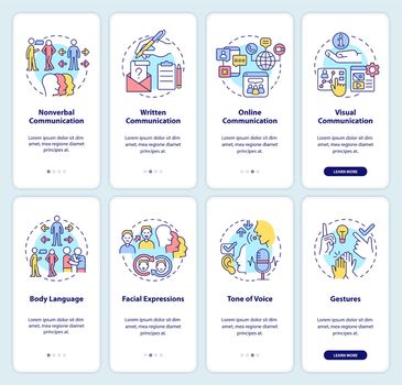 Verbal and non verbal communication onboarding mobile app screen set. Walkthrough 4 steps graphic instructions pages with linear concepts. UI, UX, GUI template. Myriad Pro-Bold, Regular fonts used