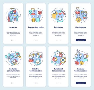 Identifying communication styles onboarding mobile app screen set. Walkthrough 4 steps graphic instructions pages with linear concepts. UI, UX, GUI template. Myriad Pro-Bold, Regular fonts used