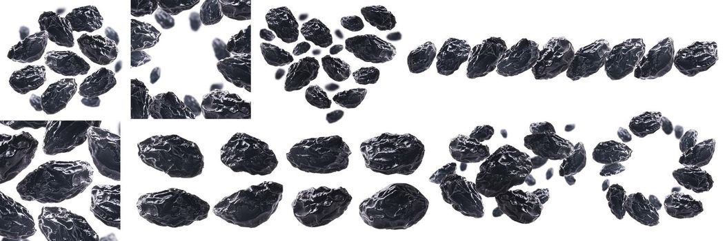 A set of photos. Dried prunes levitate on a white background