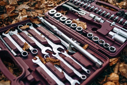 Set of wrenches in a box on forest ground