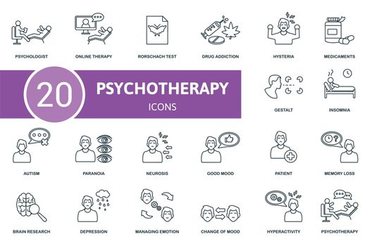 Psychotherapy set icon. Contains psychotherapy illustrations such as online therapy, drug addiction, medicaments and more.