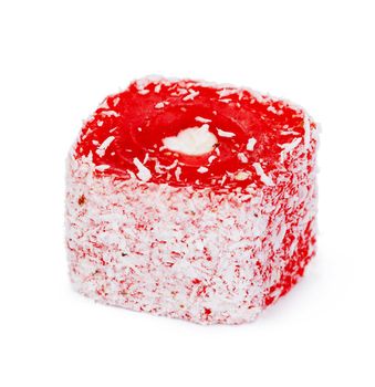 Close up of red Turkish Delight sweets isolated on white