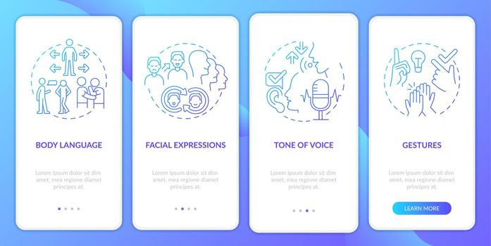 Non-verbal communication elements gradient onboarding mobile app screen. Walkthrough 4 steps graphic instructions pages with linear concepts. UI, UX, GUI template. Myriad Pro-Bold, Regular fonts used