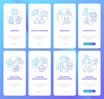 Different communication styles gradient onboarding mobile app screen set. Walkthrough 4 steps graphic instructions pages with linear concepts. UI, UX, GUI template. Myriad Pro-Bold, Regular fonts used