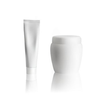 Cream tube mockup on white background. Cosmetic jar mockup. Vector illustration.