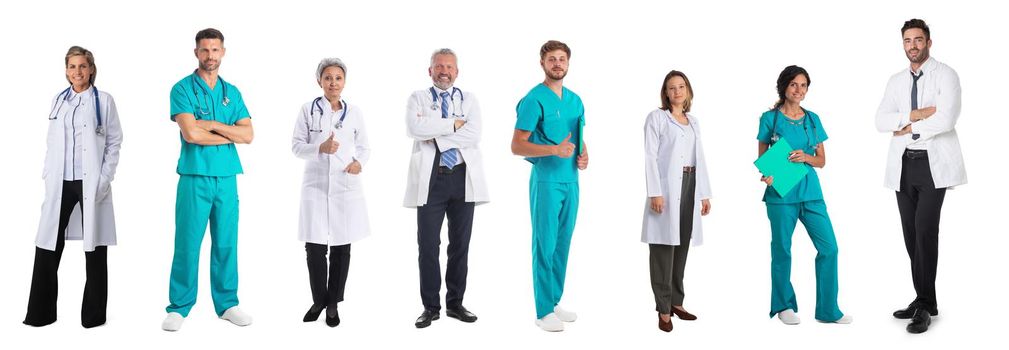 Set of medical staff people doctor nurse in uniform full length portrait isolated on white background