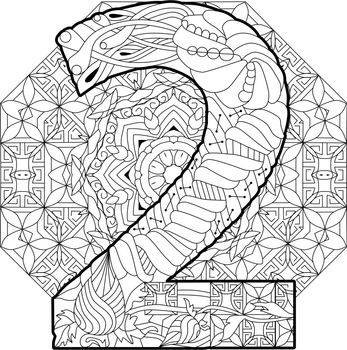 2 number vintage font on mandala. Engraving design. Vector illustration for coloring.