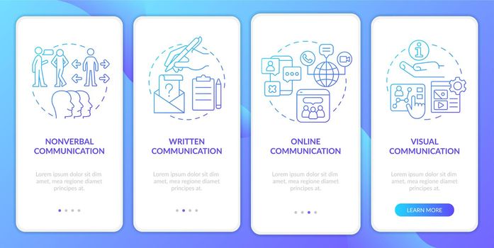 Communication forms blue gradient onboarding mobile app screen. Walkthrough 4 steps graphic instructions pages with linear concepts. UI, UX, GUI template. Myriad Pro-Bold, Regular fonts used