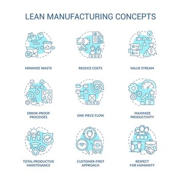 Lean manufacturing turquoise concept icons set