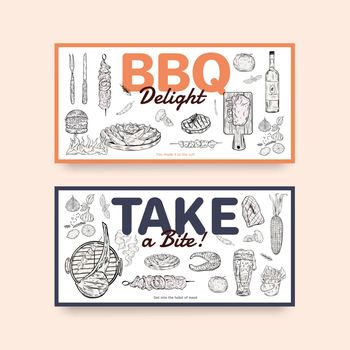 Twitter template with barbeque steak concept,drawing monochrome illustration