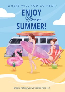 Poster template with enjoy summer holiday concept,watercolor style