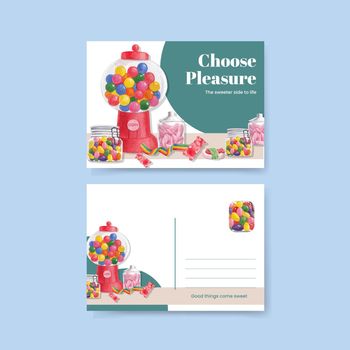 Postcard template with candy jelly party concept,watercolor style