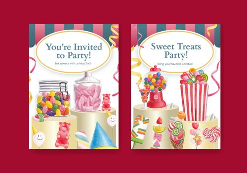 Invitation card template with candy jelly party concept,watercolor style