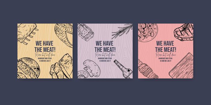  Banner template with barbeque steak concept,drawing monochrome illustration