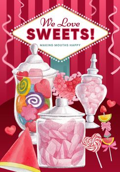 Poster template with candy jelly party concept,watercolor style