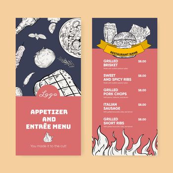  Menu template with barbeque steak concept,drawing monochrome illustration